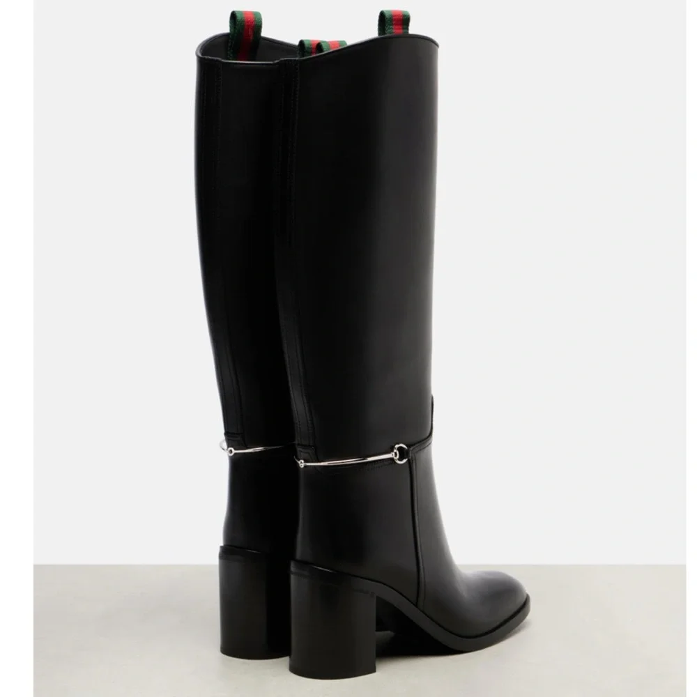 GUCCI Horsebit slim clamp web stripe trimmed knee tall boots - Picture 4 of 7